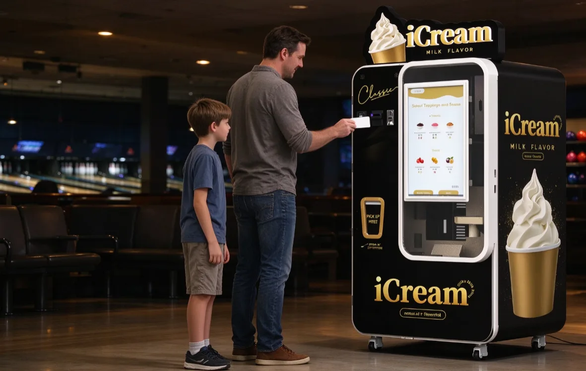 A parent paying by card at a Huaxin B83 Max ice cream vending machine in a bowling center lobby, with a child watching the viewing window